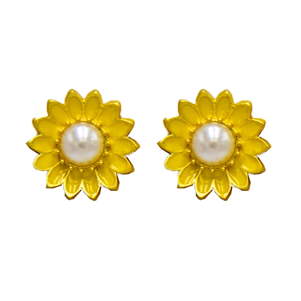 Sunflower style enameled Flash Gold Plated stud earring